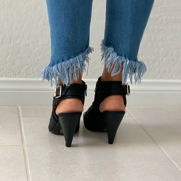 NIB Black Caged Peep Toe Cone Heel Ankle Bootie - Picture 6 of 7